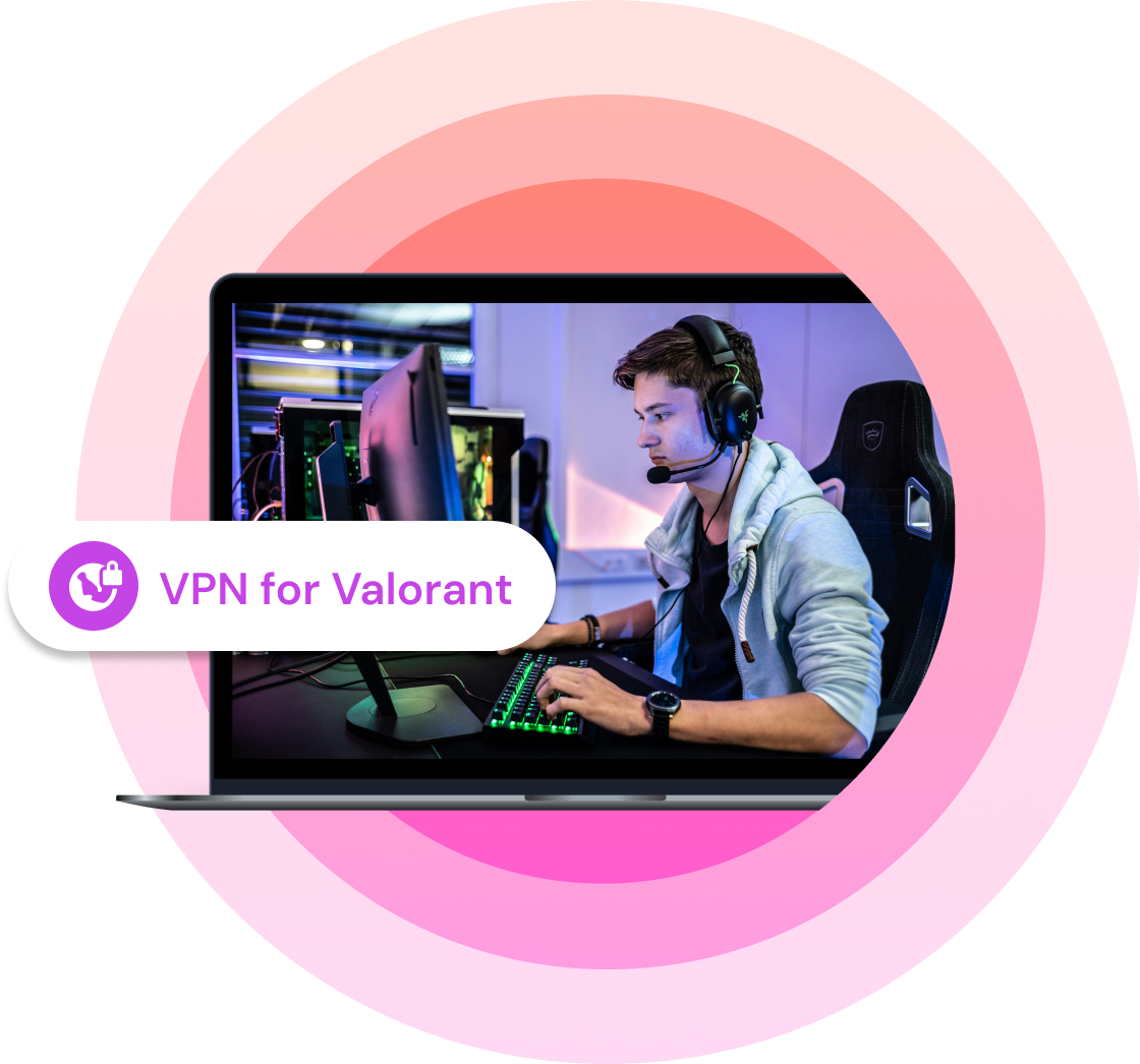 Laptop screen showing a focused gamer playing Valorant with a headset and gaming setup, overlaid with a "VPN for Valorant" label on a pink gradient background.